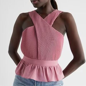 Express Pink Twist Halter Neck Pleated Peplum Tank Top
